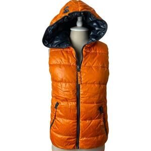 Em Polham Black Orange Full Zip Puffer Hoodie Vest Jacket Women's Size M